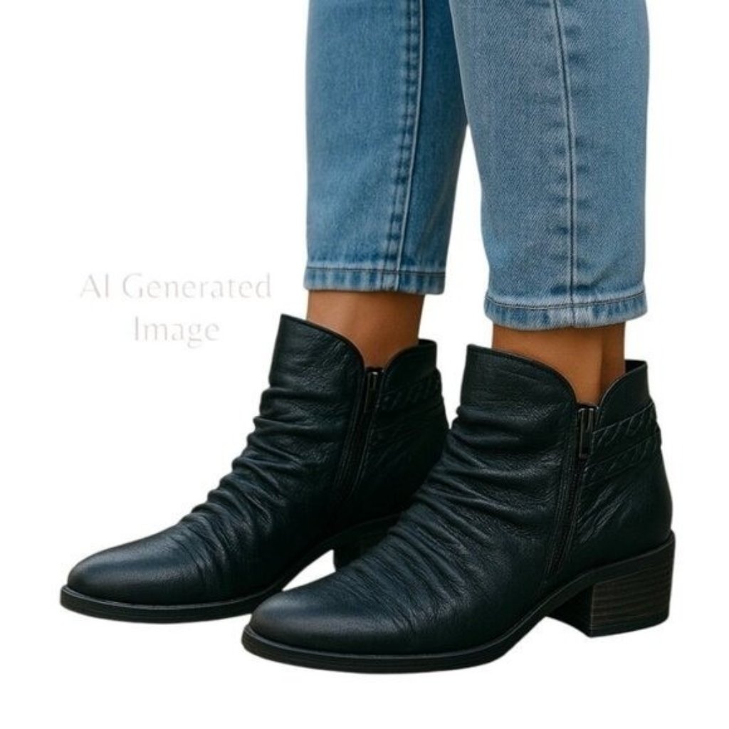 Baretraps Women Black Guenna Metal Accent Braided Strap Zip Booties Shoes Sz 8 M
